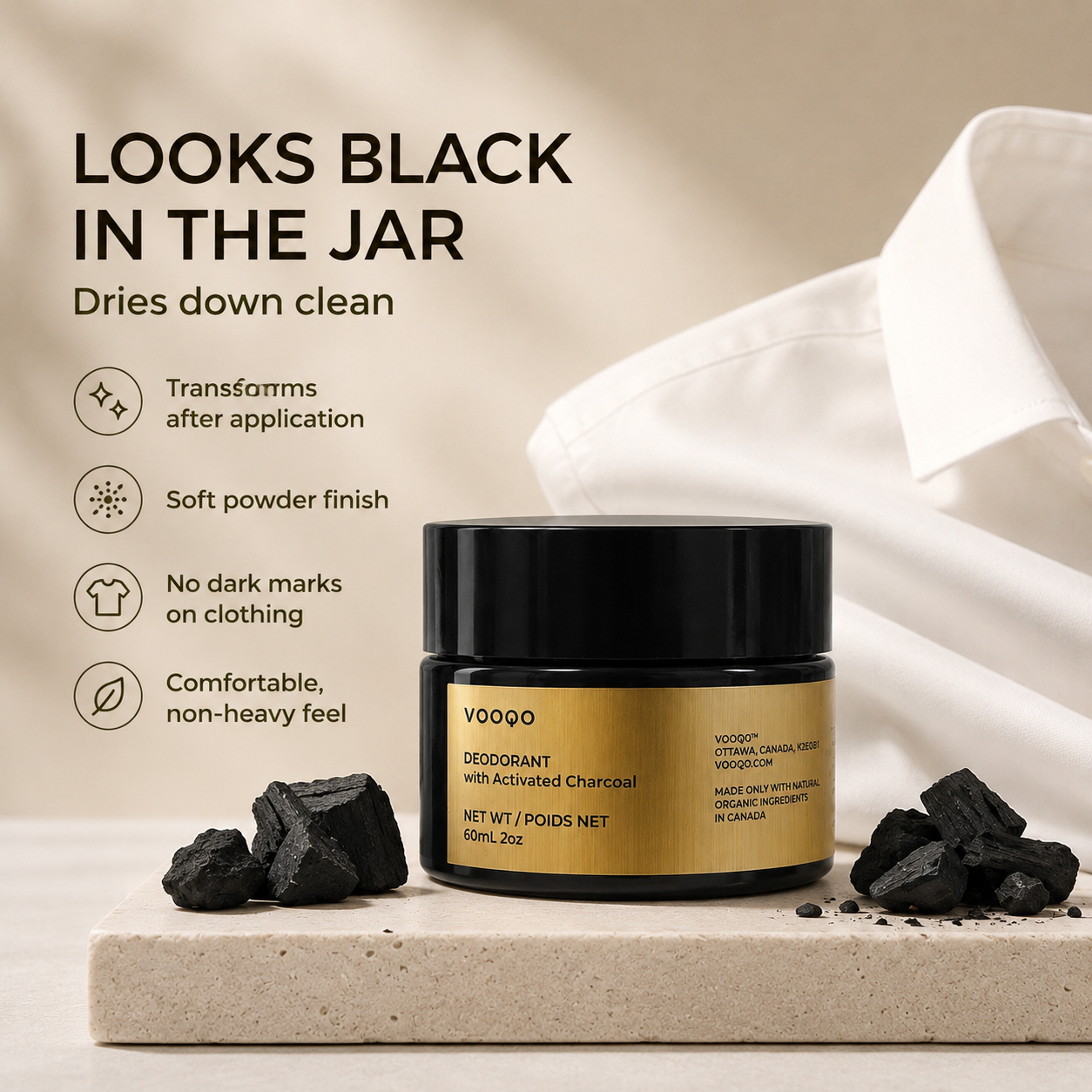Vooqo Deodorant with Activated Charcoal texture image showing dark cream transforming into a soft powder finish with no heavy residue or visible staining.