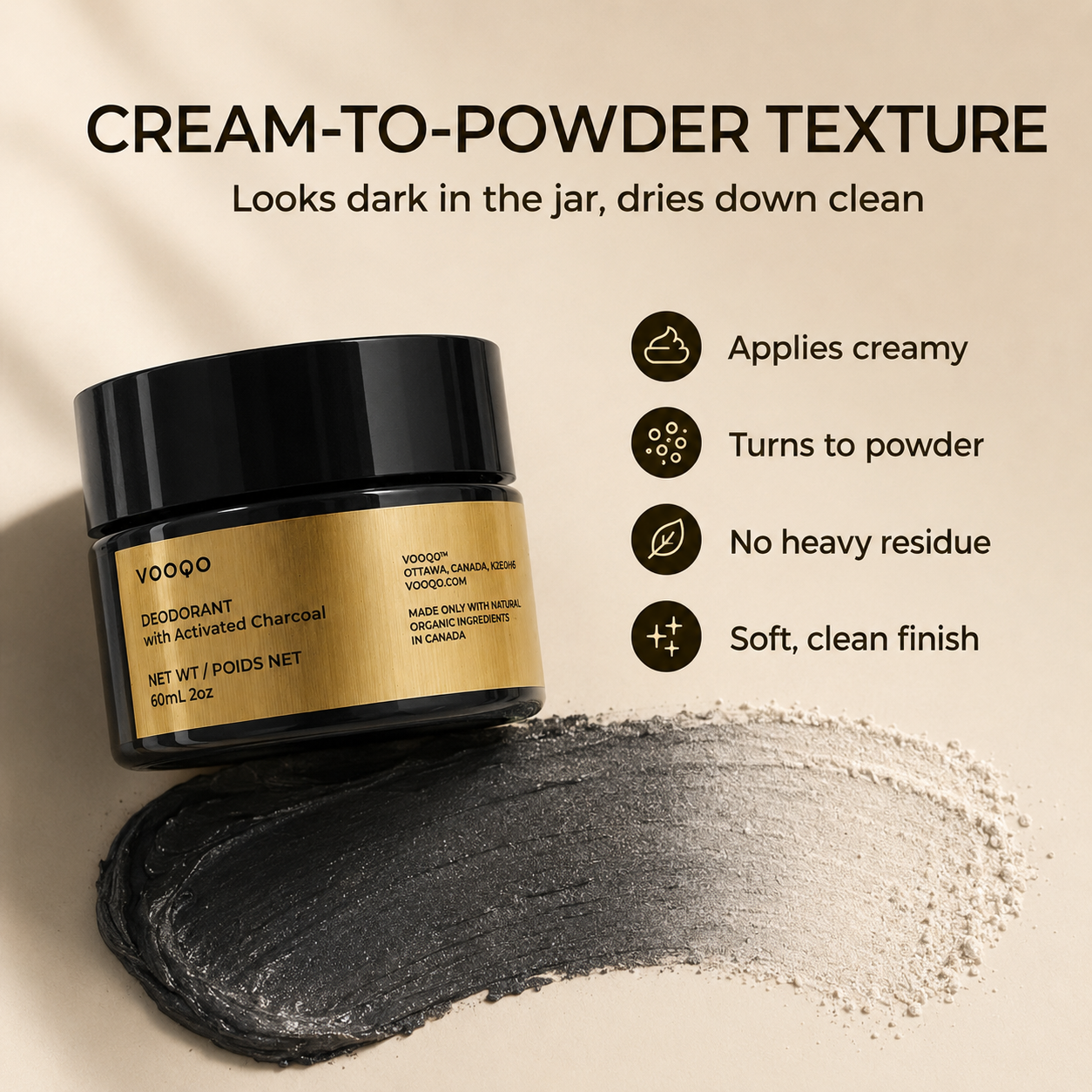 Vooqo Deodorant with Activated Charcoal no stains image showing a clean white shirt and explaining that the dark formula finishes soft and clean without leaving marks on clothes.