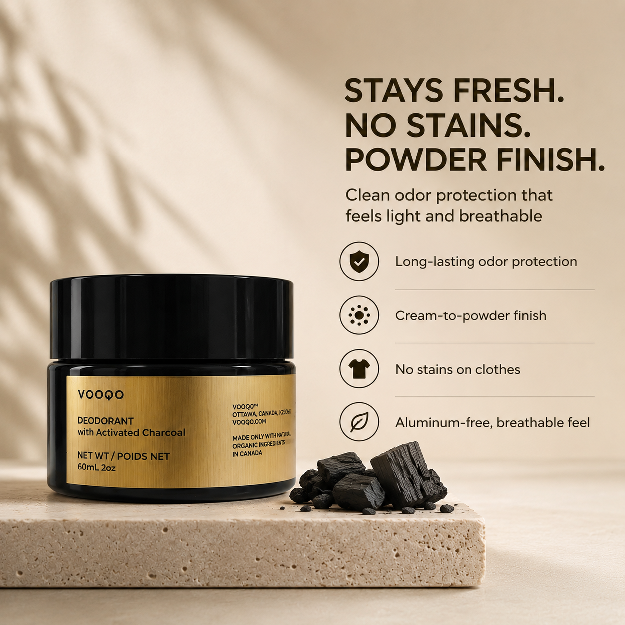 Vooqo Deodorant with Activated Charcoal benefits image showing long-lasting odor protection, no stains on clothes, cream-to-powder finish, and aluminum-free breathable feel.