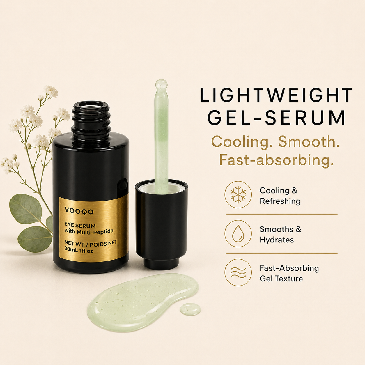 VOOQO Eye Serum with Multi-Peptide styled with soft botanical accents on a light neutral background.