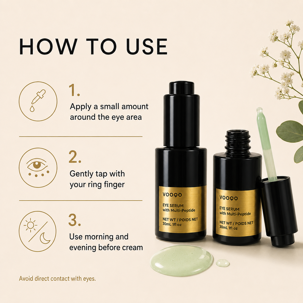 How to use VOOQO Eye Serum with Multi-Peptide, showing the correct application steps for the under-eye area.