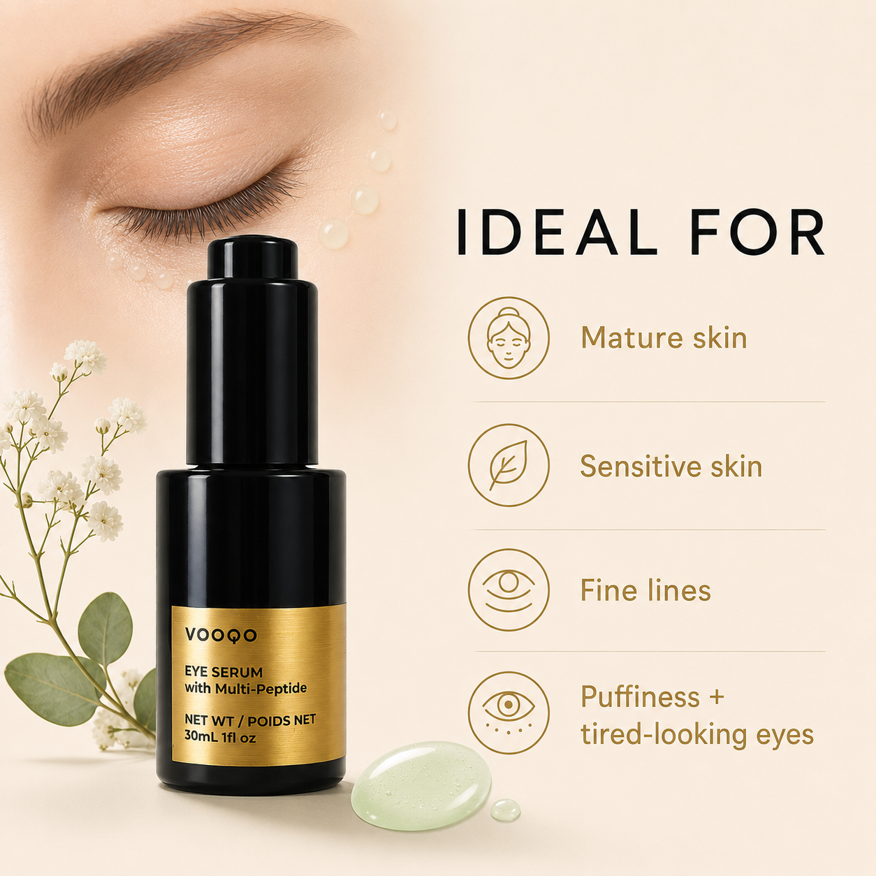 VOOQO Eye Serum with Multi-Peptide shown as part of a minimalist skincare ritual for the delicate eye area.