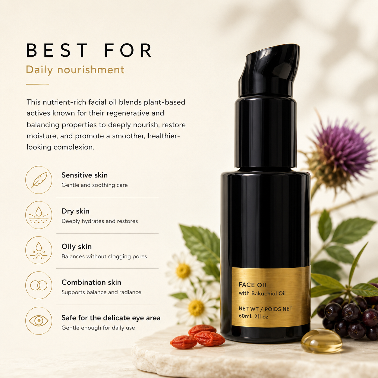 Best for image for Vooqo Face Oil with Bakuchiol Oil highlighting dry, sensitive, oily, and combination skin.