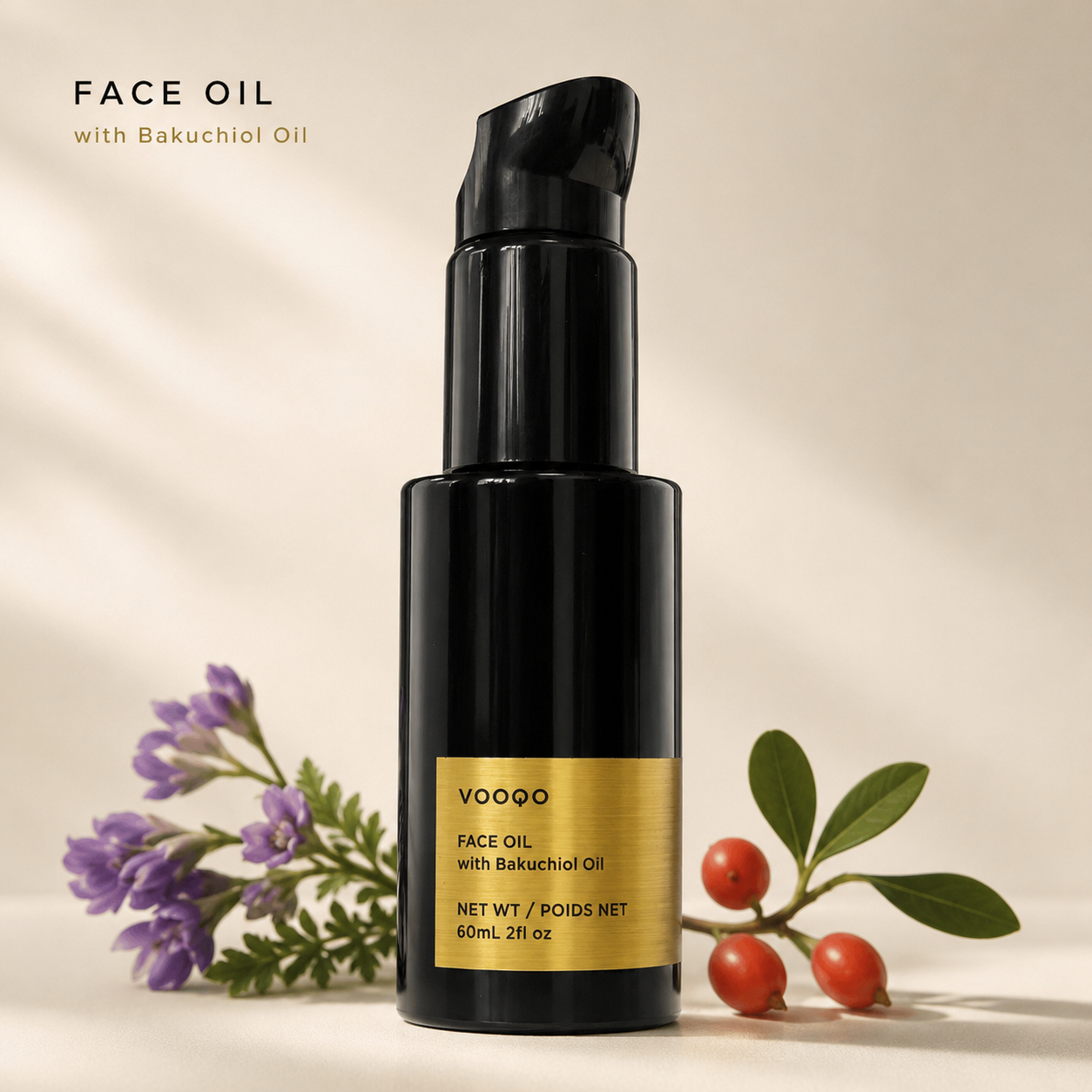 Vooqo Face Oil with Bakuchiol Oil in a black pump bottle with gold label on a soft neutral background.
