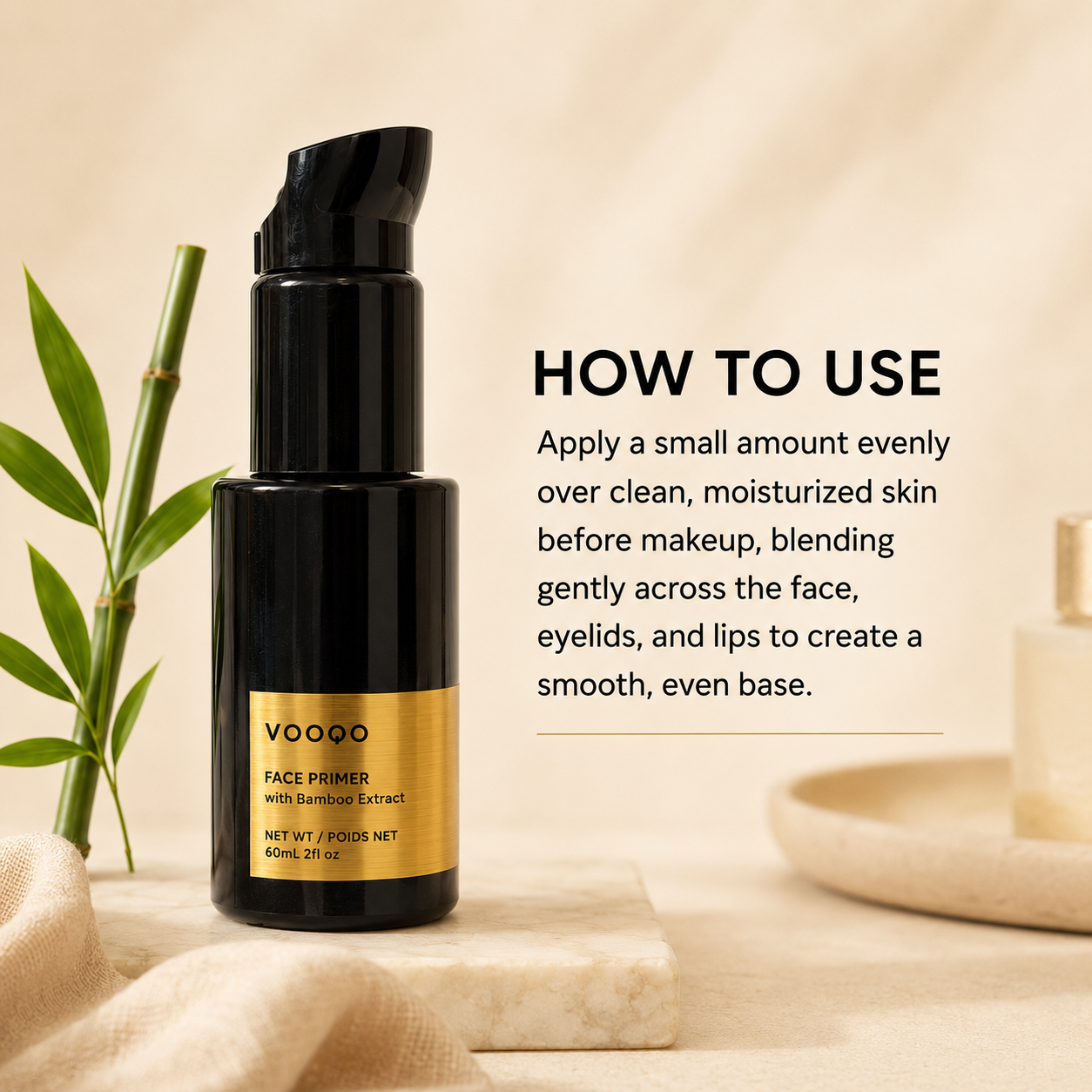Vooqo Face Primer how to use image explaining application over clean moisturized skin before makeup for a smooth even base.