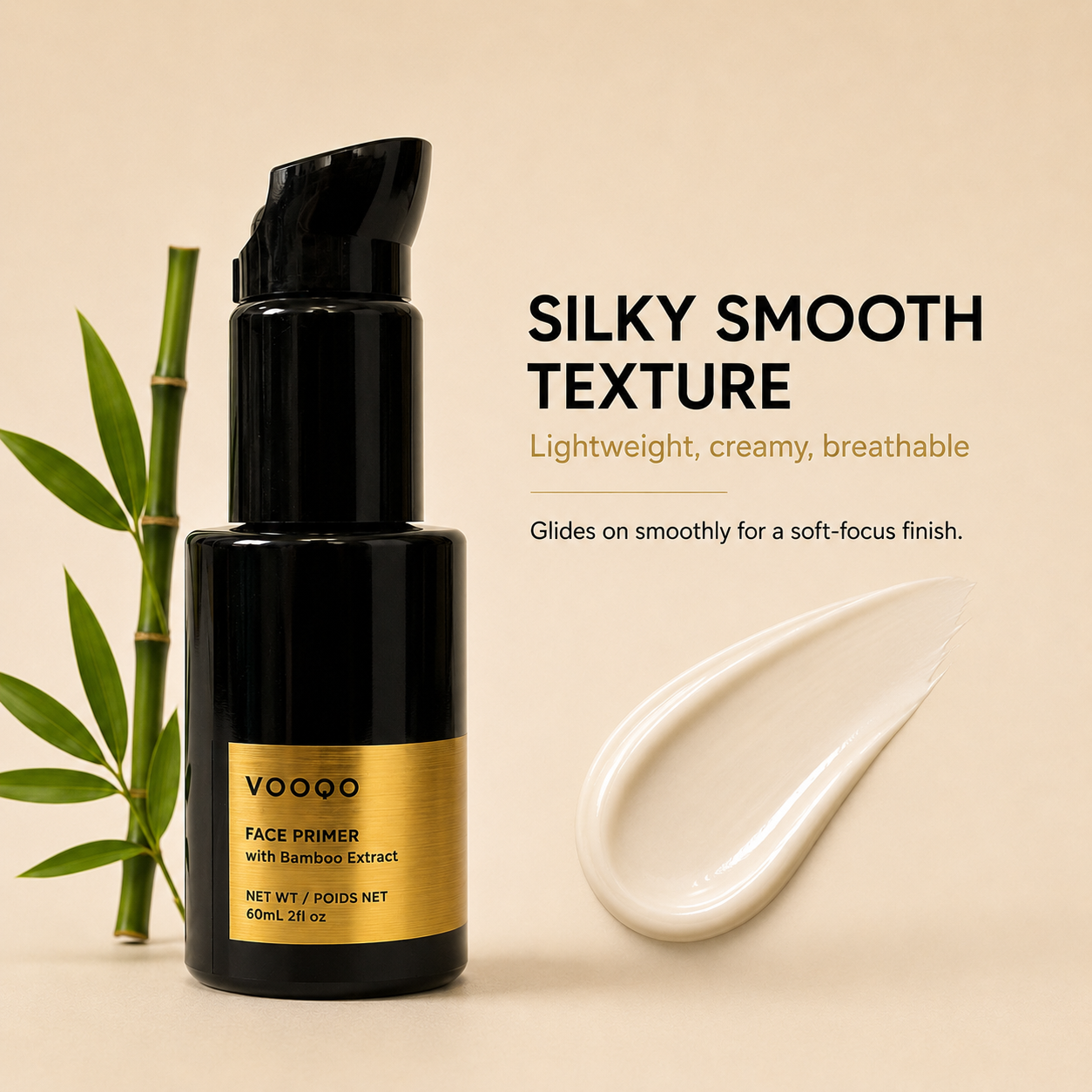 Vooqo Face Primer silky smooth texture image showing lightweight creamy breathable primer texture for a soft-focus finish.