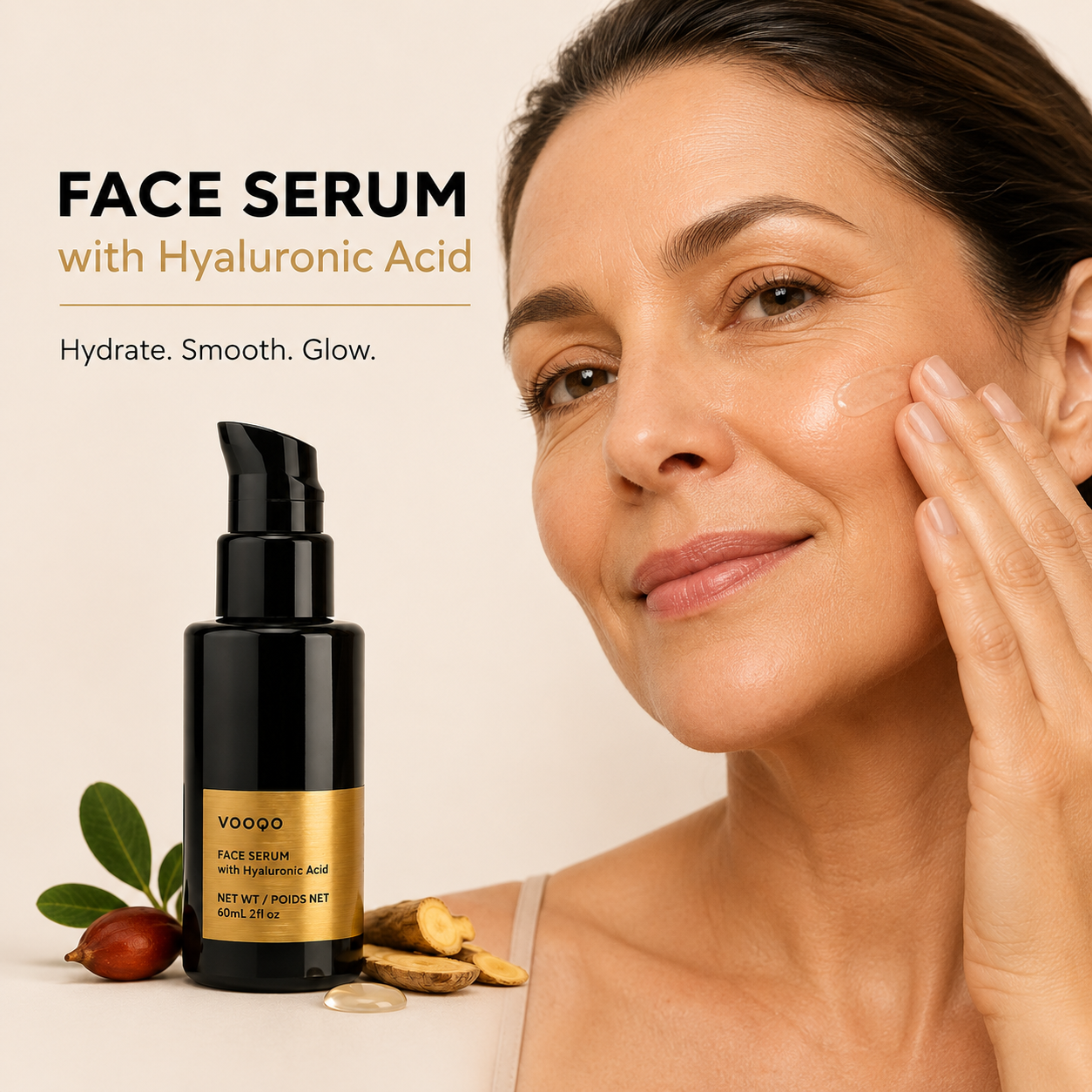 Vooqo Face Serum with Hyaluronic Acid application image showing serum being pressed into clean skin for hydration and glow.