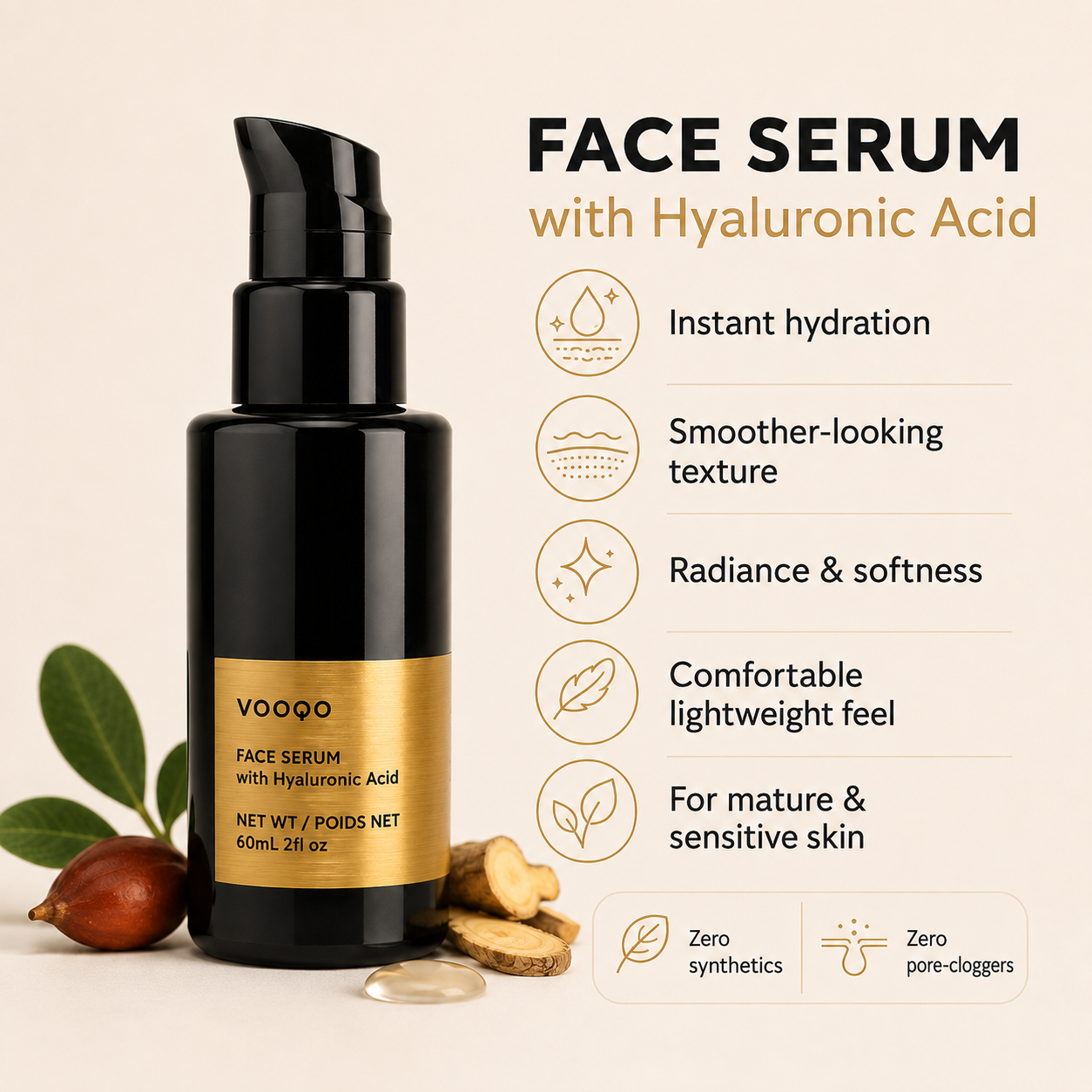 Vooqo Face Serum with Hyaluronic Acid benefits guide showing instant hydration, smoother-looking texture, radiance, lightweight comfort, and sensitive skin support.