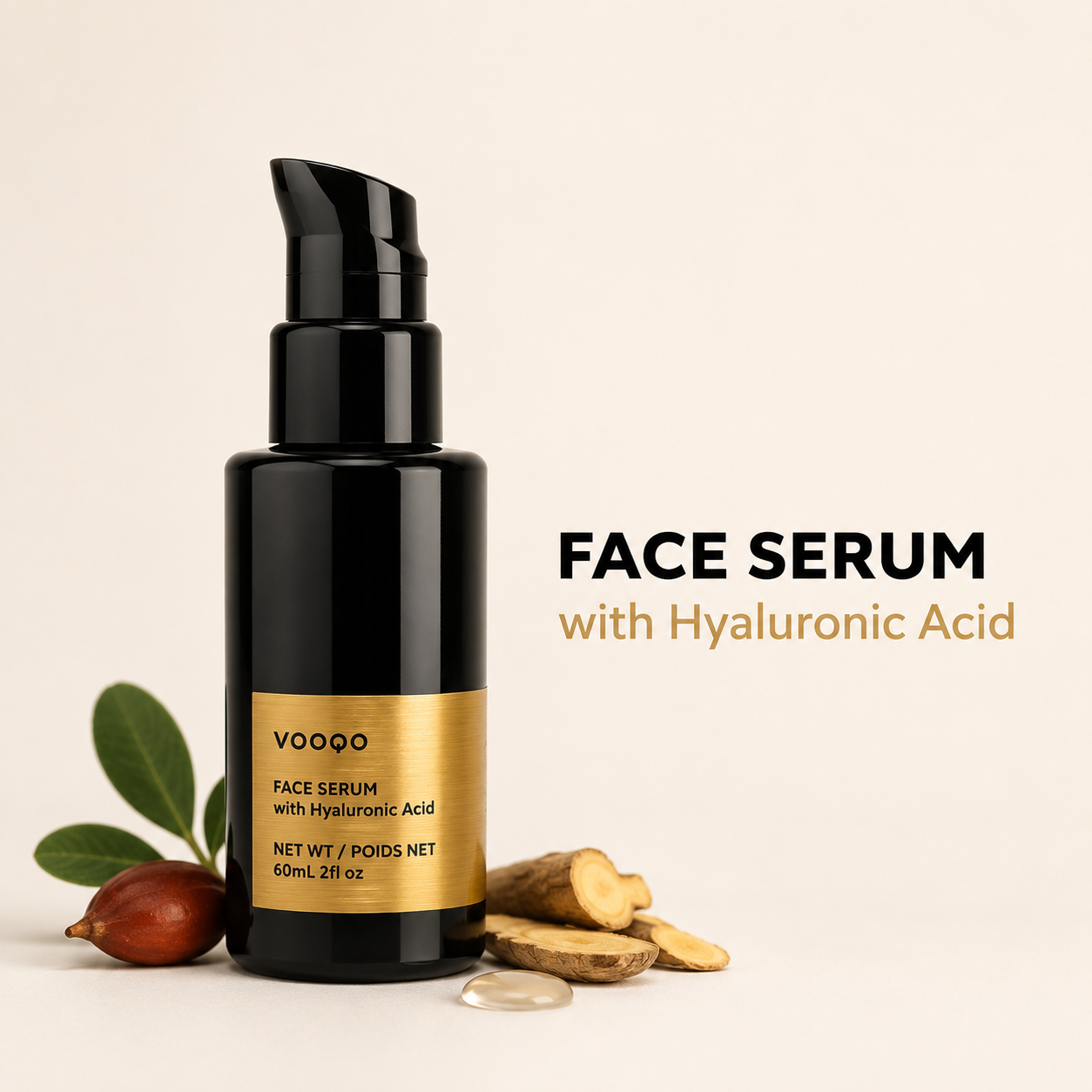 Vooqo Face Serum with Hyaluronic Acid main product image showing black bottle with gold label and natural ingredient styling.