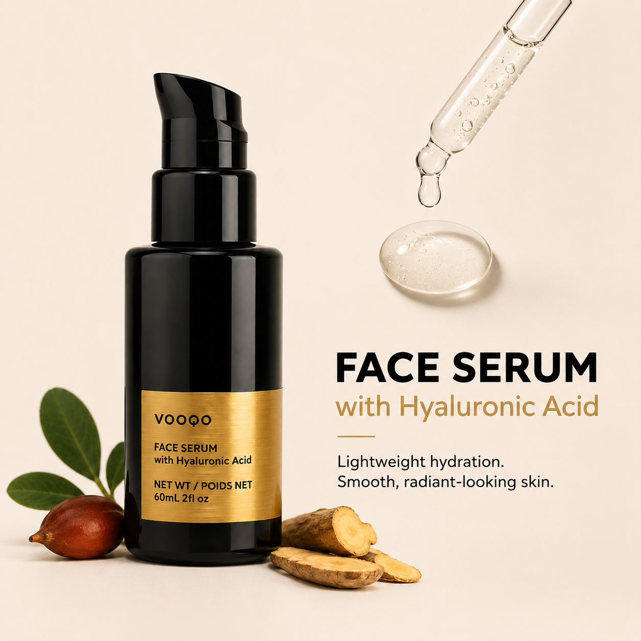 Vooqo Face Serum with Hyaluronic Acid texture image showing lightweight clear serum gel for hydrated, radiant-looking skin.