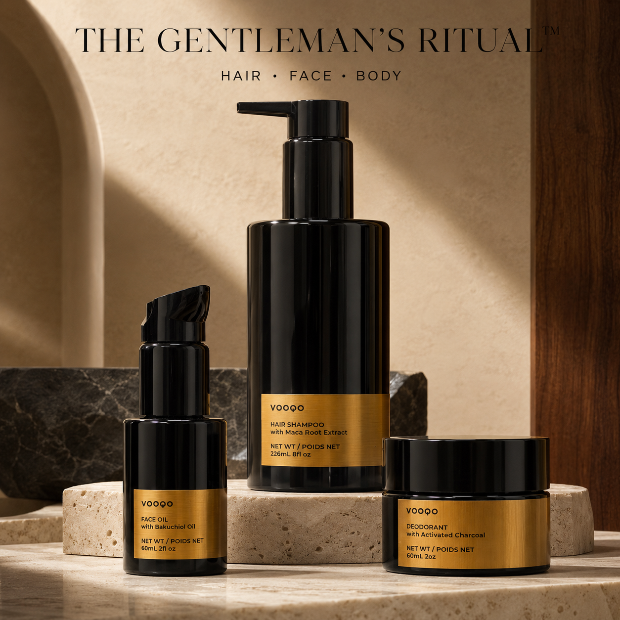 The Vooqo Gentleman’s Ritual with Hair Shampoo, Bakuchiol Face Oil and Activated Charcoal Deodorant