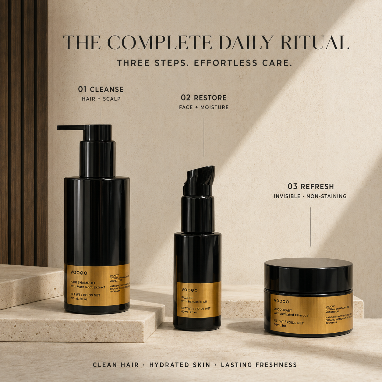 The Gentleman’s Ritual featuring VOOQO Hair Shampoo, Face Oil, and invisible non-staining Deodorant in a luxury three-step display.
