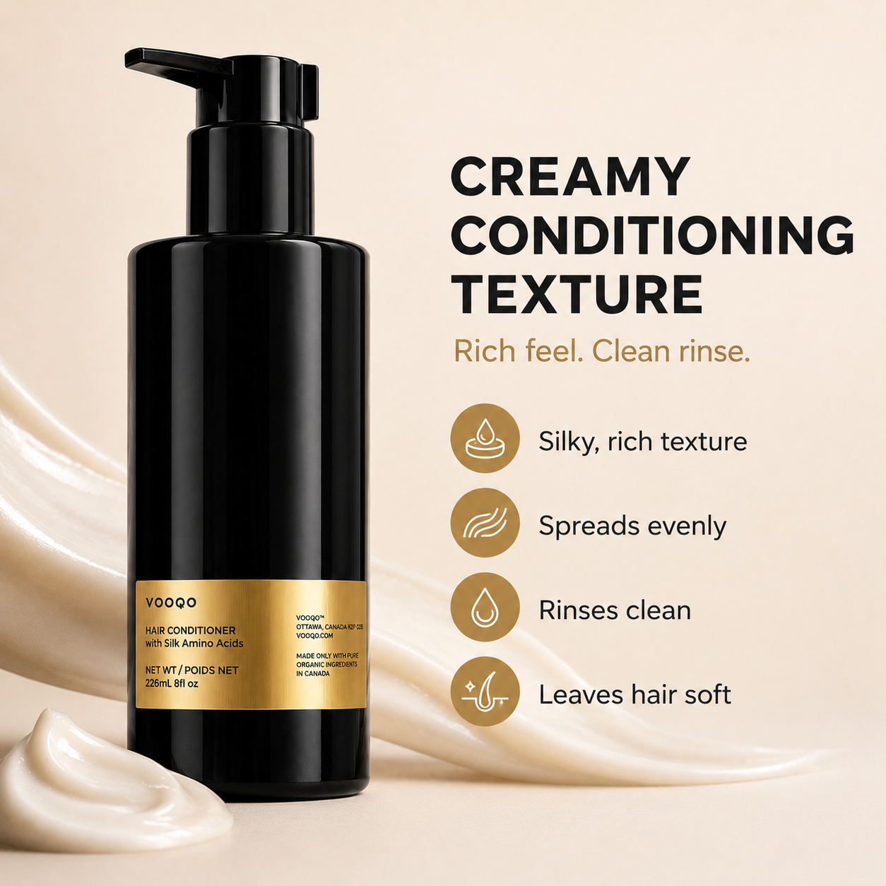 Vooqo Hair Conditioner creamy conditioning texture image showing rich feel, even spread, clean rinse, and soft hair finish.