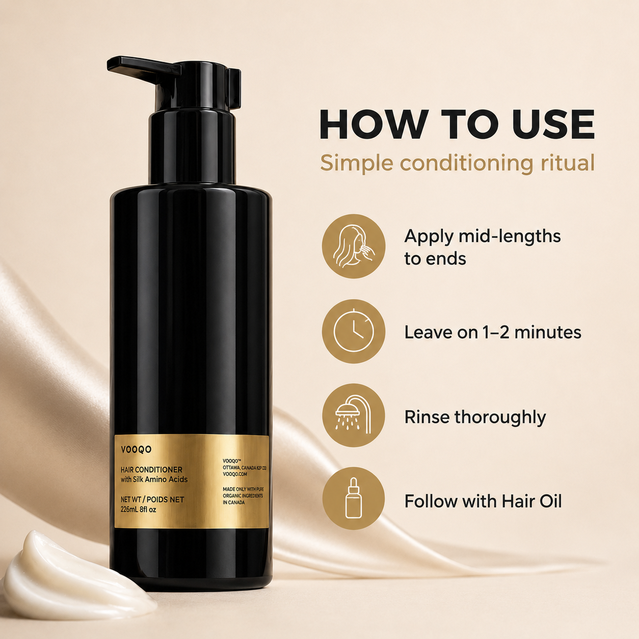 Vooqo Hair Conditioner how to use image showing apply from mid-lengths to ends, leave on for one to two minutes, rinse thoroughly, and follow with hair oil.