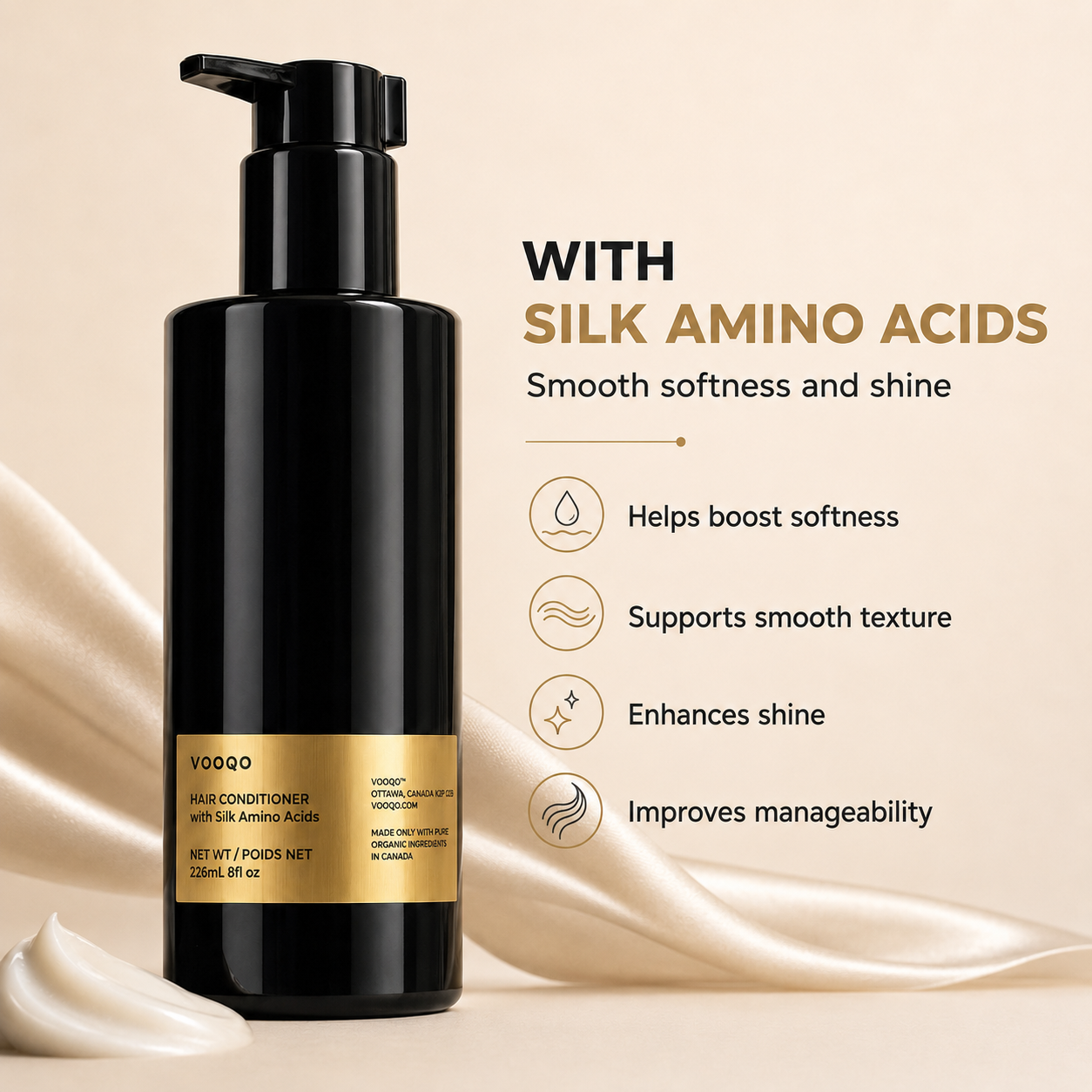 Vooqo Hair Conditioner with Silk Amino Acids ingredient benefit image showing support for softness, smooth texture, shine, and manageability.