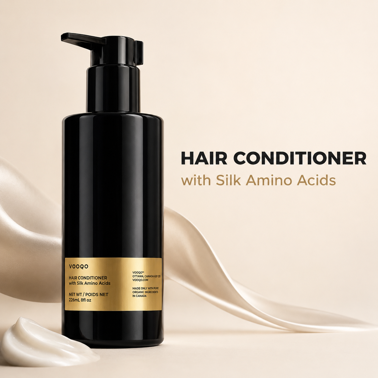 Vooqo Hair Conditioner with Silk Amino Acids main product image with black pump bottle, gold label, and creamy conditioning texture on a warm neutral background.