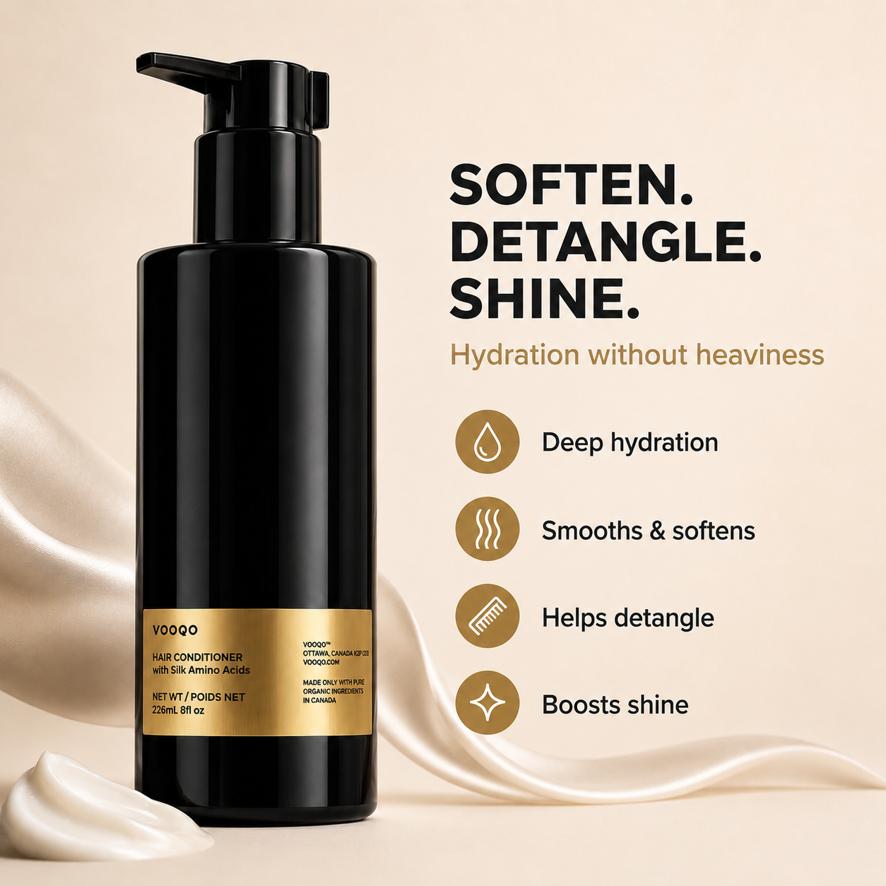Vooqo Hair Conditioner benefits image showing soften, detangle, and shine benefits with deep hydration, smoothing, detangling, and shine support.