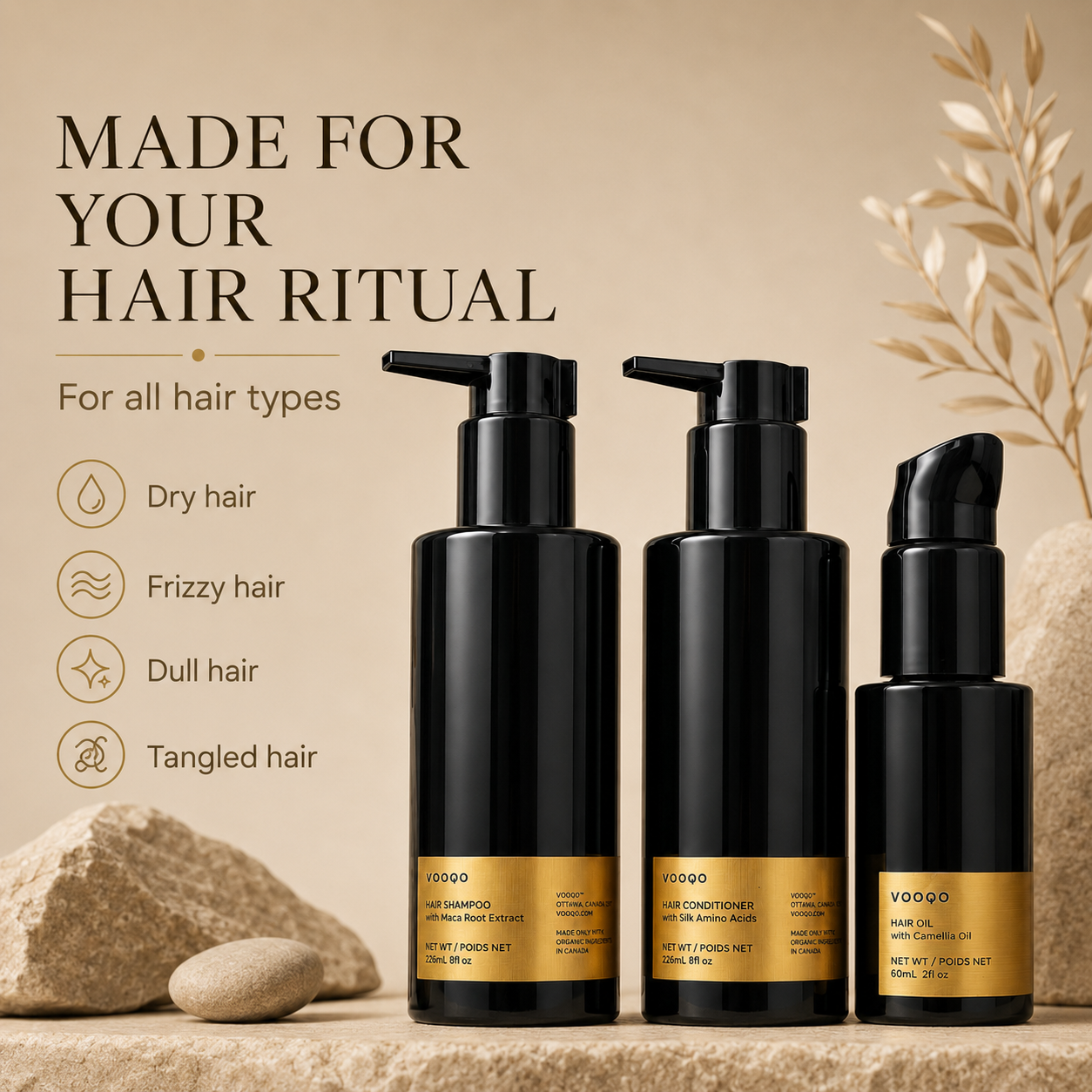 Vooqo Hair Harmony Ritual all hair types guide showing the ritual is ideal for dry, frizzy, dull, and tangled hair and suitable for all hair types.