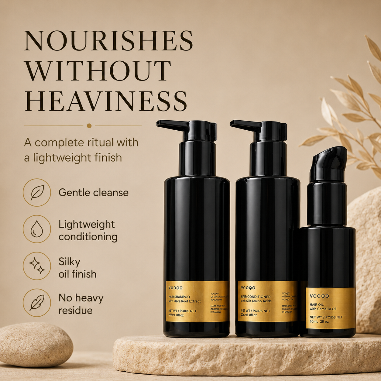 Vooqo Hair Harmony Ritual objection-handling image showing lightweight nourishment without heaviness with gentle cleanse, lightweight conditioning, silky oil finish, and no heavy residue.