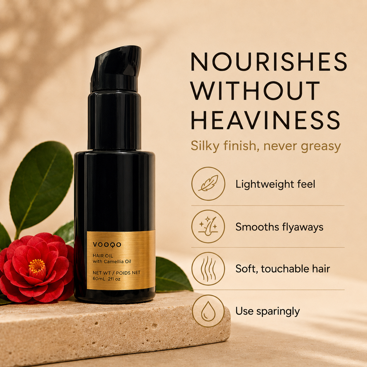 Vooqo Hair Oil how to use image showing a little goes a long way, apply a small amount to mid-lengths and ends on damp or dry hair.