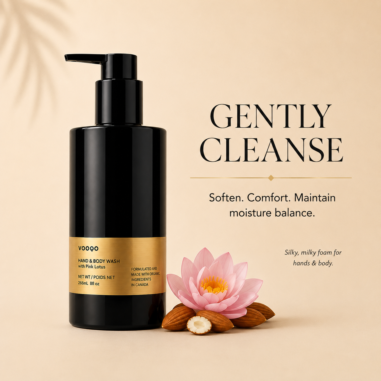 Vooqo Hand & Body Wash with Pink Lotus benefits image showing gentle cleansing, softness, comfort, moisture balance, and silky milky foam for hands and body.