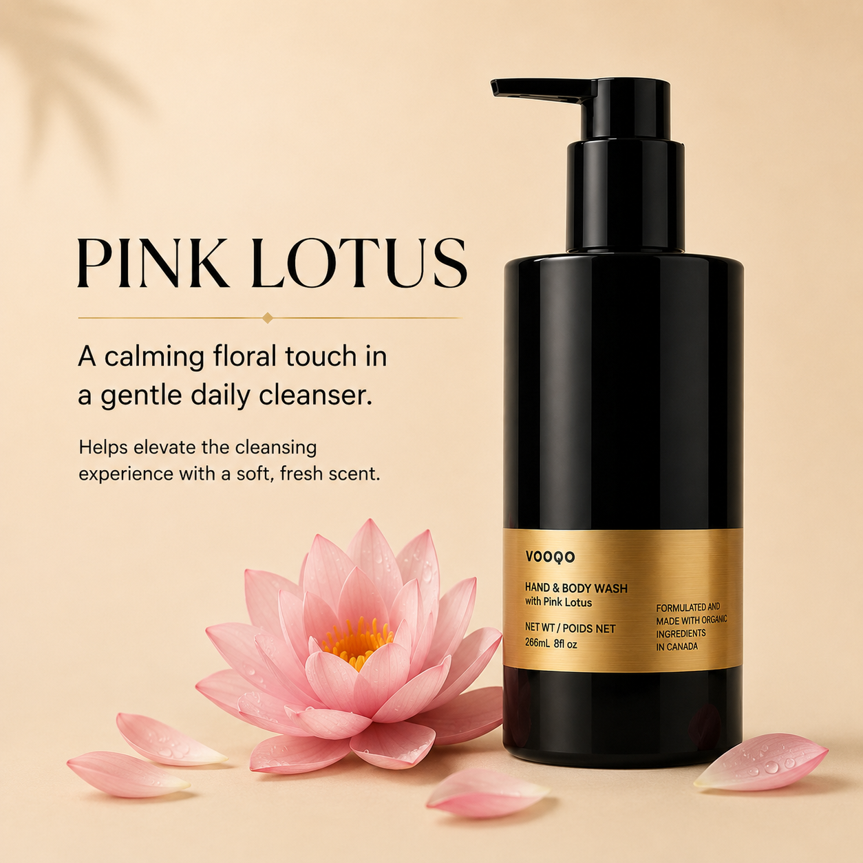 Vooqo Hand & Body Wash with Pink Lotus ingredient benefit image showing pink lotus as a calming floral touch for a gentle daily cleanser with a soft fresh scent.