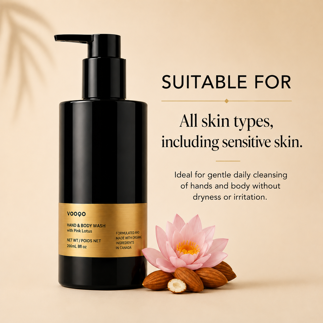 Vooqo Hand & Body Wash with Pink Lotus suitable for image showing all skin types including sensitive skin, gentle daily cleansing, and cleansing without dryness or irritation.