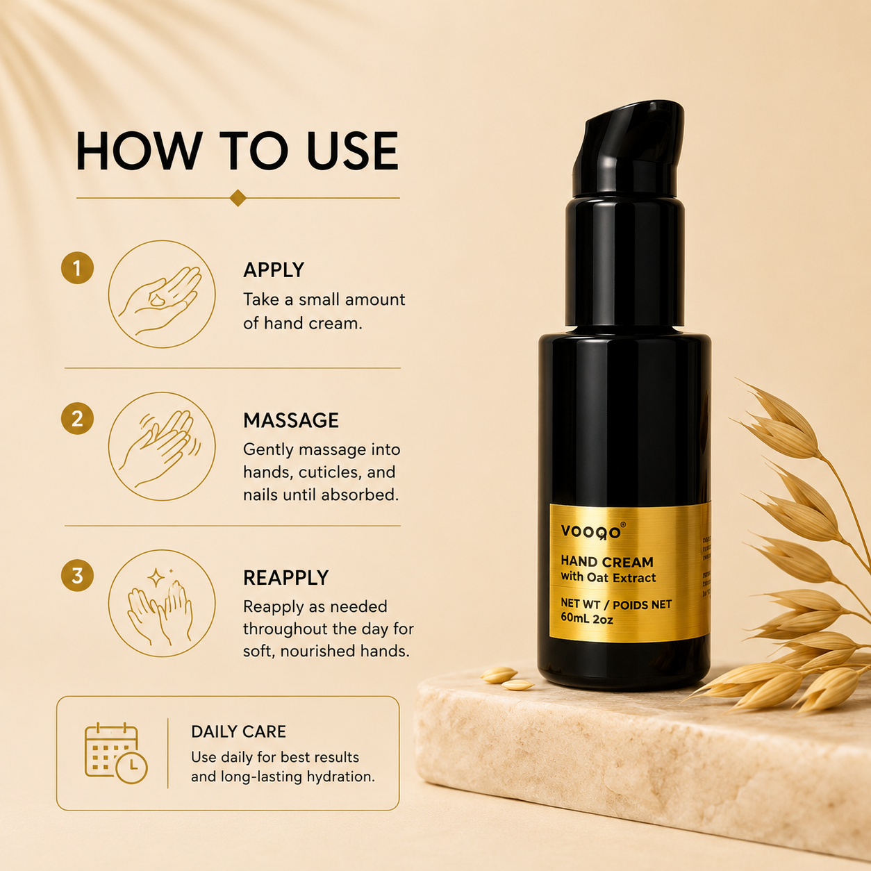 How to apply Vooqo Hand Cream to hands cuticles and nails