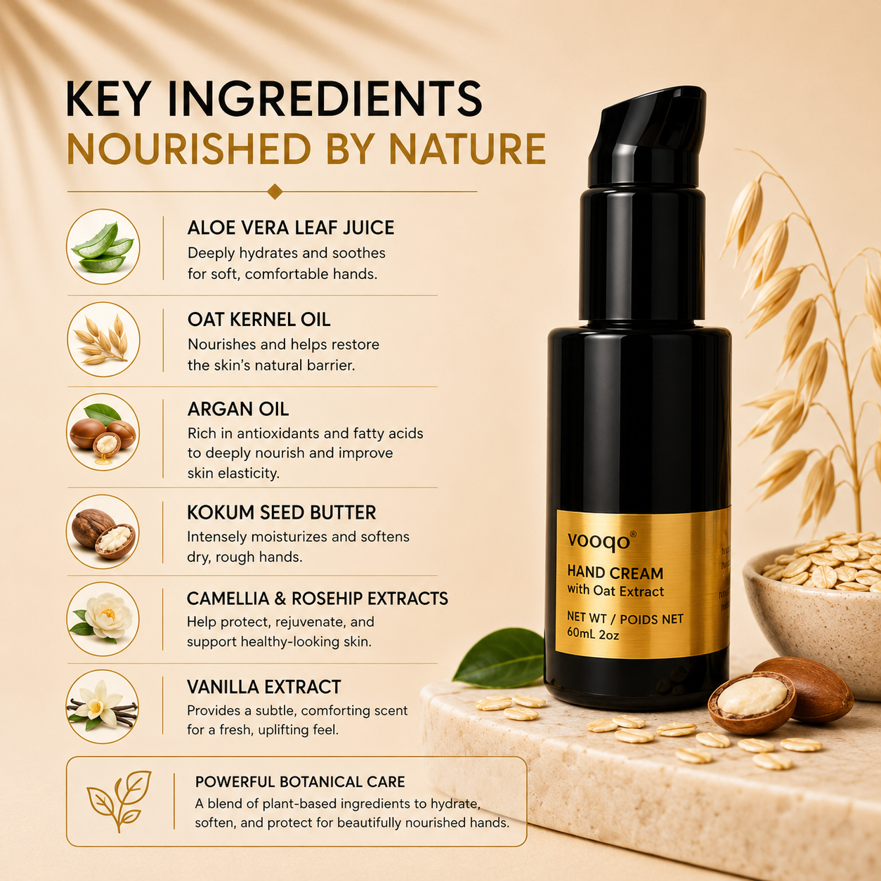 Key botanical ingredients in Vooqo Hand Cream including oat kernel oil aloe vera argan oil and kokum seed butter