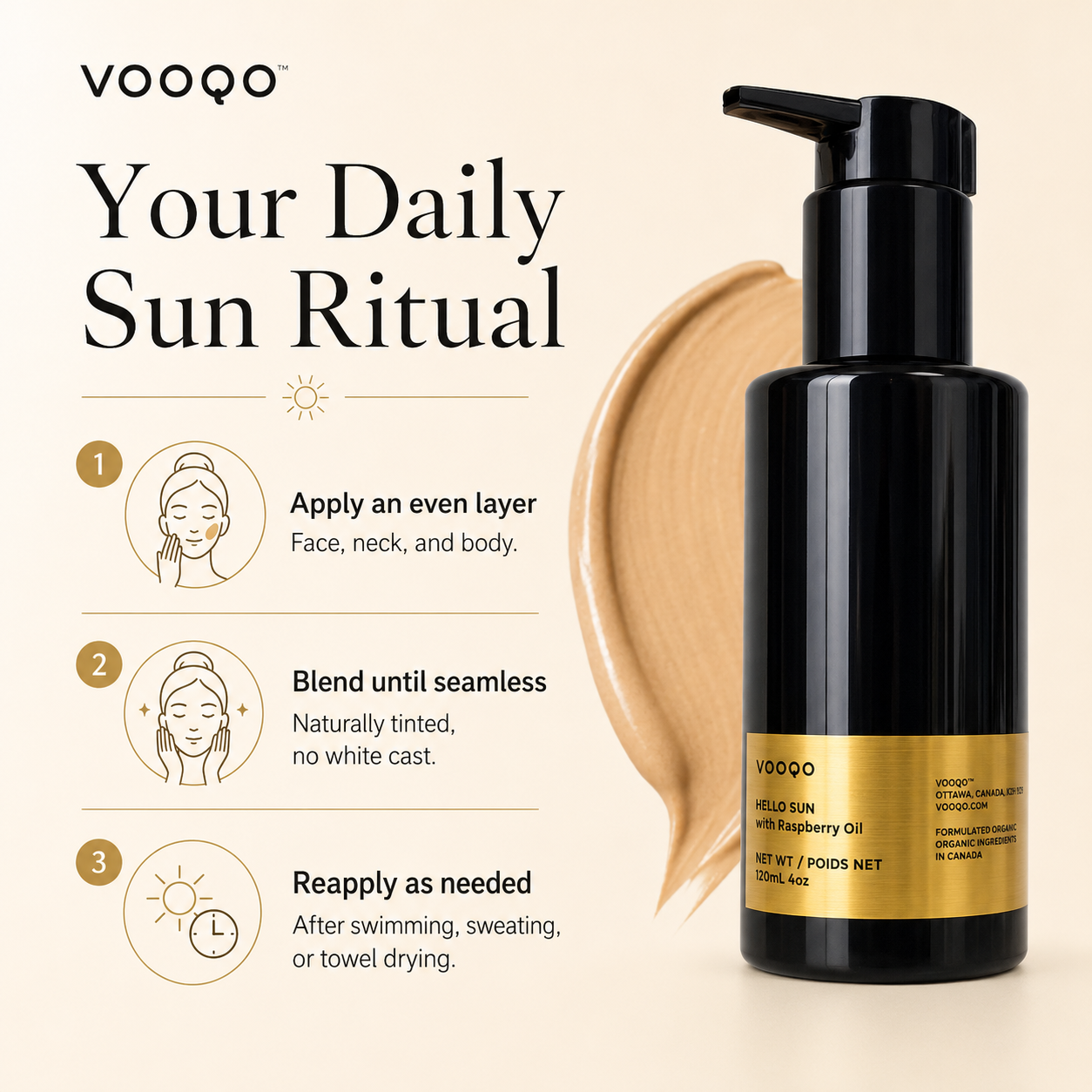 Vooqo sun care product with application instructions on a beige background