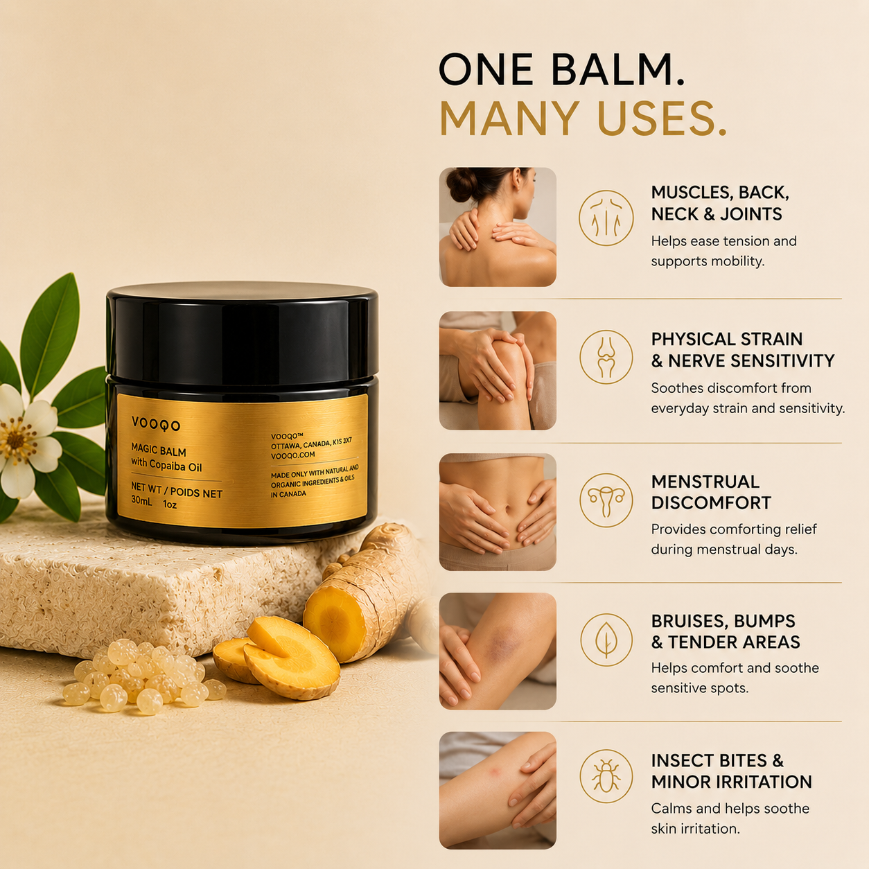 Vooqo Magic Balm with Copaiba Oil suitable for muscles, joints, neck, back, menstrual discomfort, bruises and insect bites.