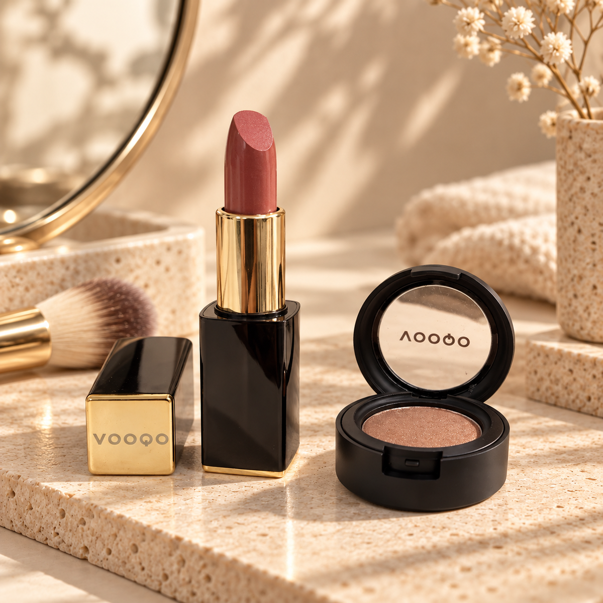 Vooqo lipstick and eyeshadow compact styled on warm stone with soft light in a makeup editorial setting.