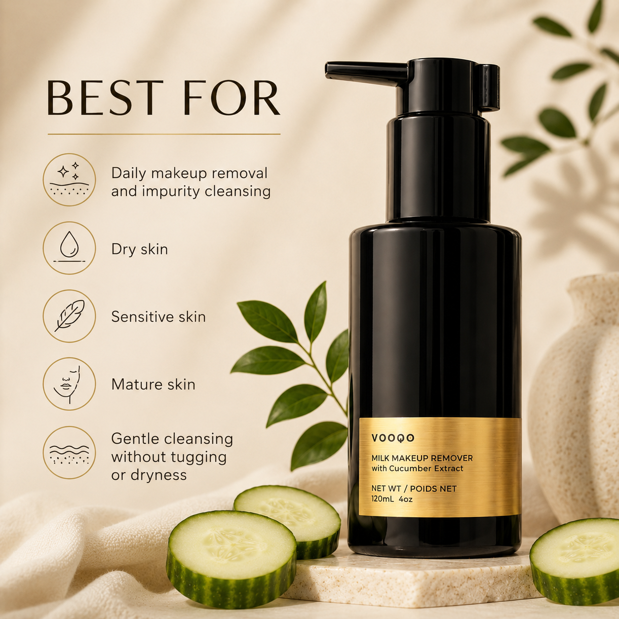 Best for image for Vooqo Milk Makeup Remover with Cucumber Extract for daily makeup removal, dry skin, sensitive skin, mature skin, and gentle cleansing.