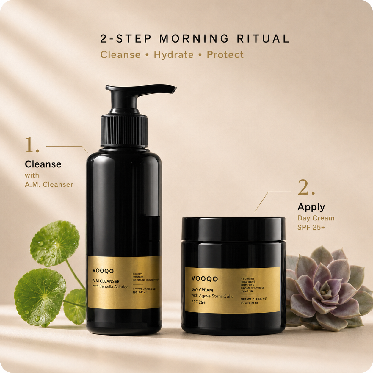 Two-step Vooqo Morning Glow Ritual showing A.M. Cleanser and Day Cream SPF 25+ for cleansing, hydration, and daily protection.