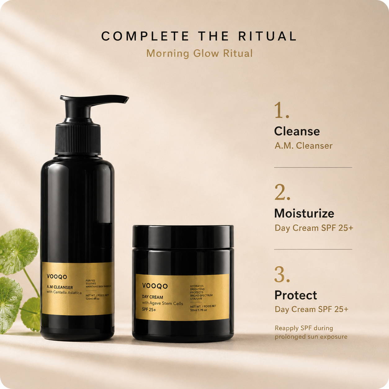 Complete the ritual image for Vooqo Morning Glow Ritual showing A.M. Cleanser and Day Cream SPF 25+ with text-only routine steps.