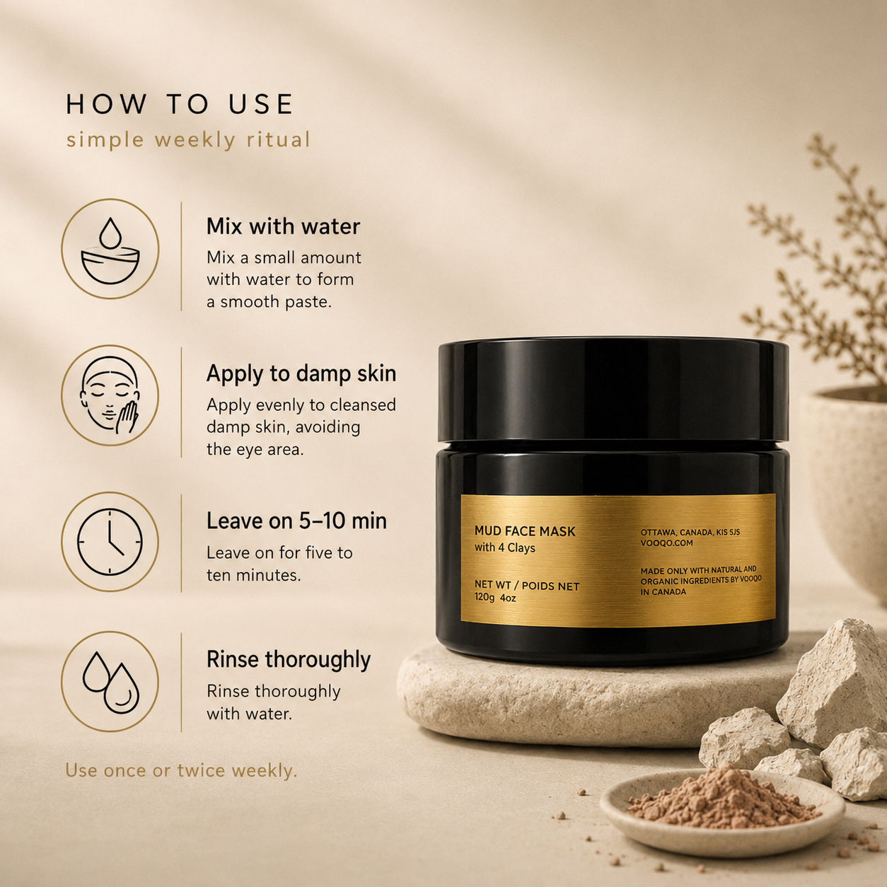 Vooqo Mud Face Mask with 4 Clays best for sensitive skin, visible pores, redness, dryness, and dull skin