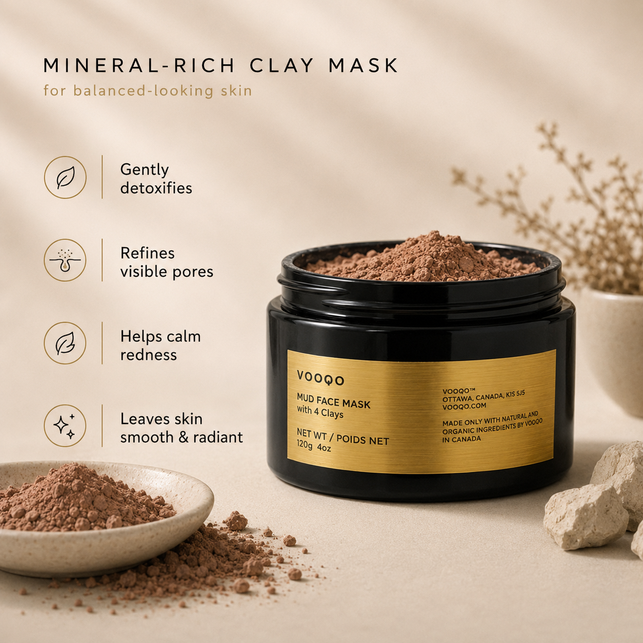 Complete the ritual guide for Vooqo Mud Face Mask with 4 Clays with text-only skincare routine recommendations