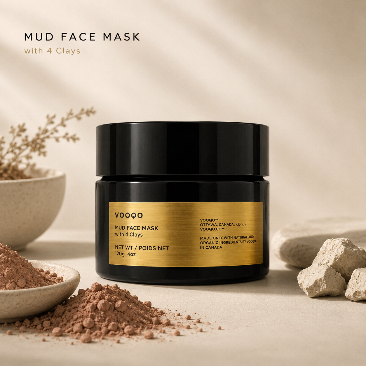Vooqo Mud Face Mask with 4 Clays in black jar on a soft neutral background