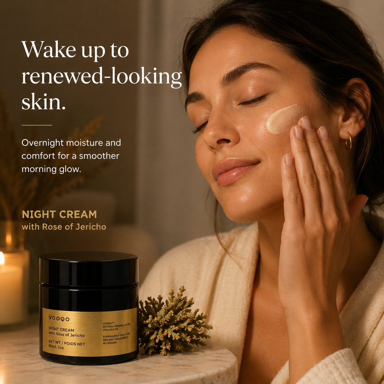 VOOQO Night Cream with Rose of Jericho presented as an overnight repair skincare product in an elegant editorial layout.