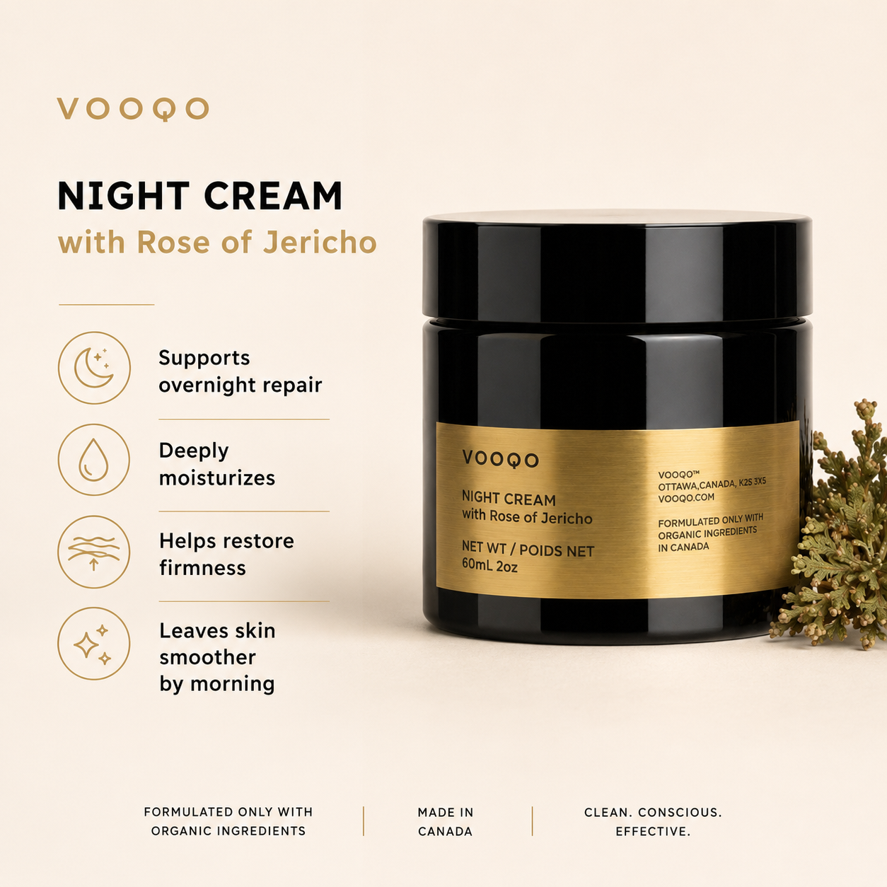 VOOQO Night Cream with Rose of Jericho shown in a premium skincare image highlighting nourishment and overnight care.