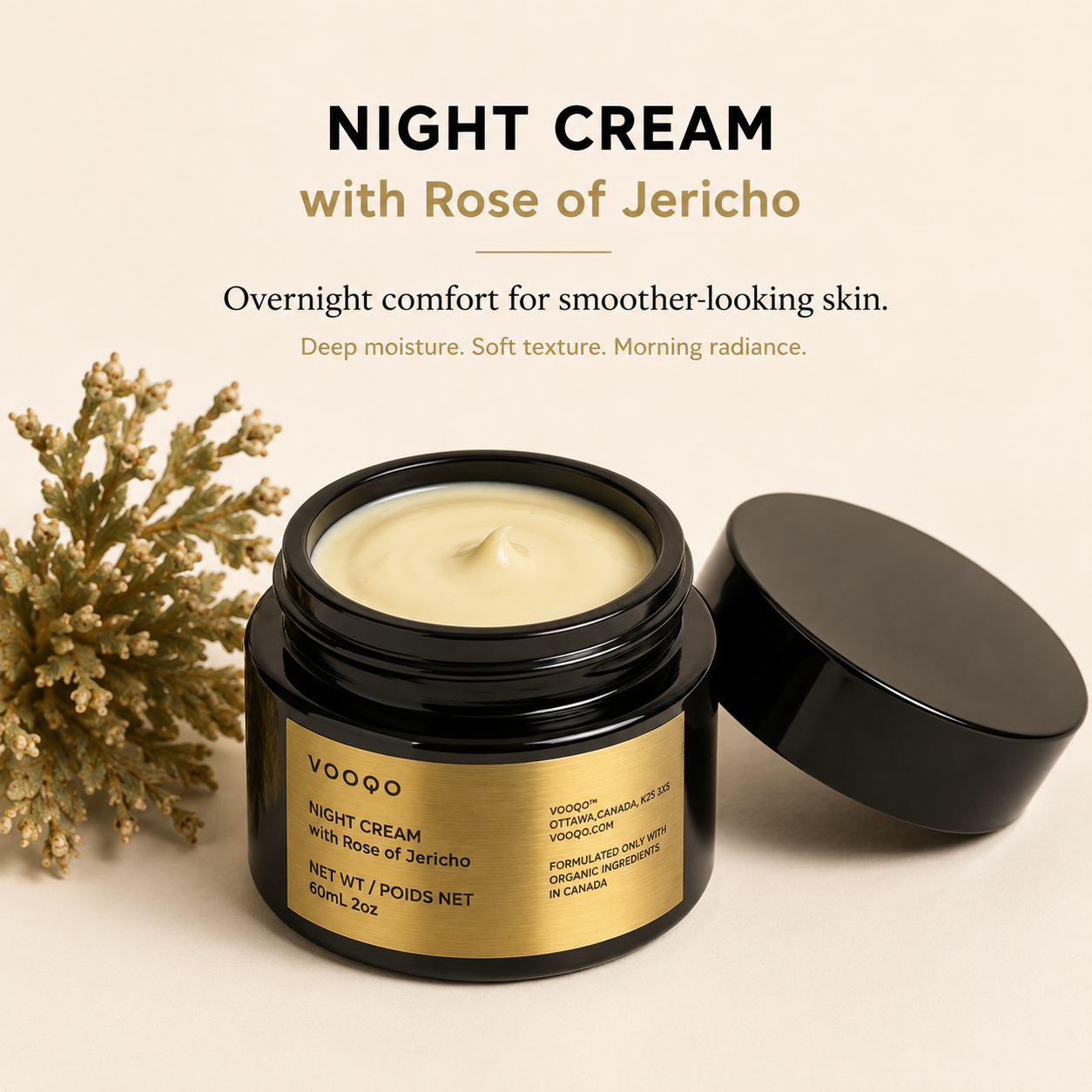 VOOQO Night Cream with Rose of Jericho displayed in a soft luxury skincare setting with a warm neutral background.