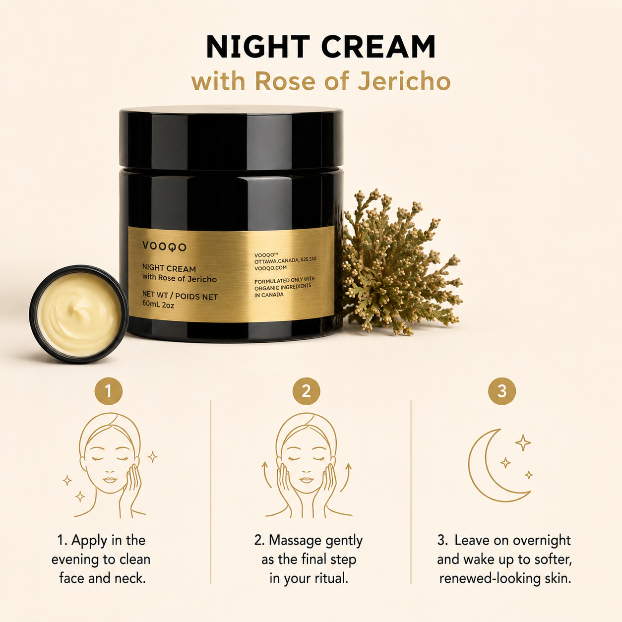 VOOQO Night Cream with Rose of Jericho in a refined skincare visual for soft, restorative nighttime care.