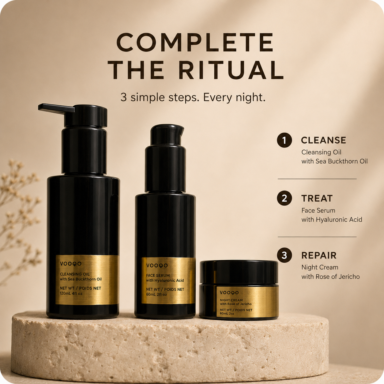 Three-step Vooqo Overnight Renewal Ritual showing cleanse, treat, and repair with Cleansing Oil, Face Serum, and Night Cream.