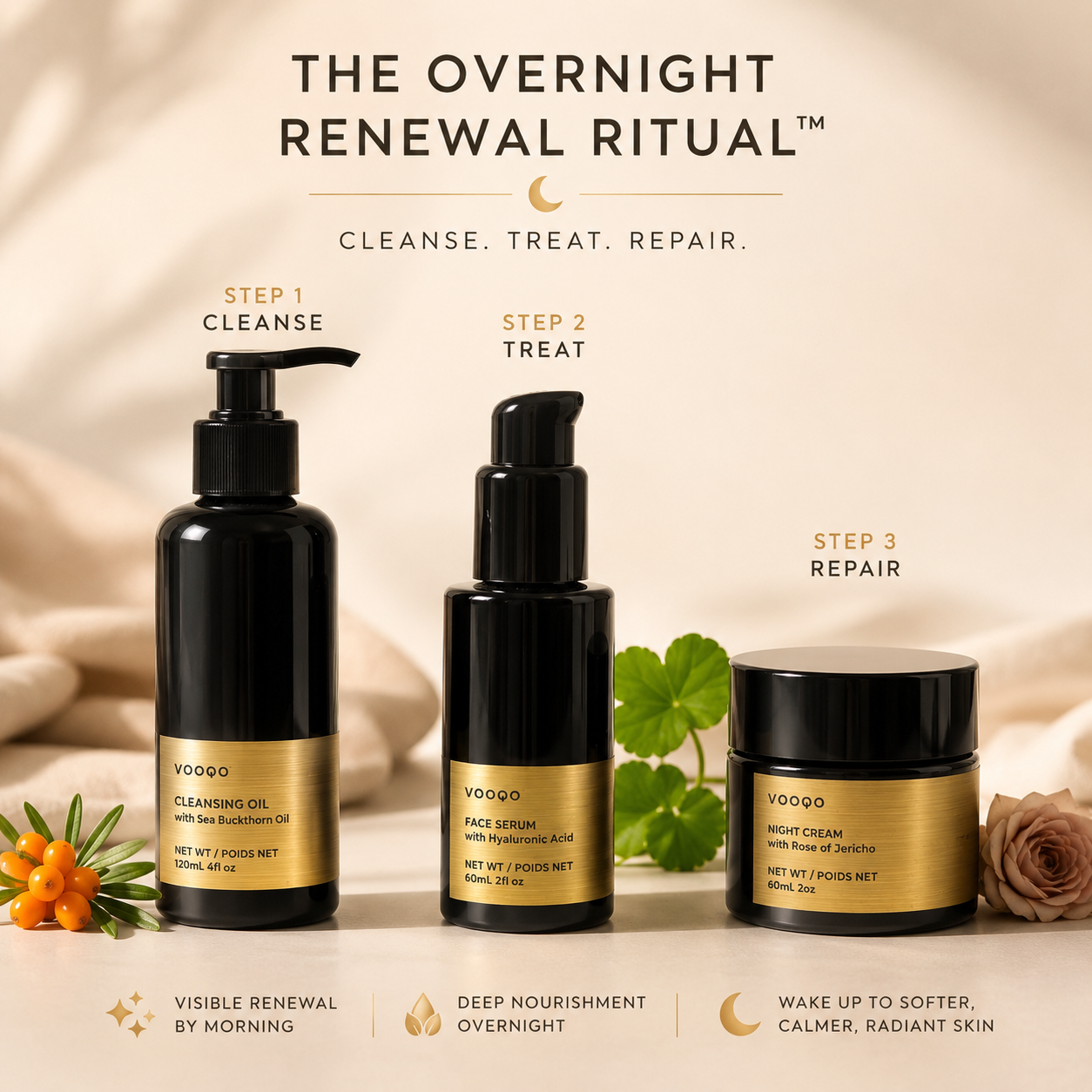 Vooqo Overnight Renewal Ritual with Cleansing Oil, Face Serum, and Night Cream on a warm neutral background.