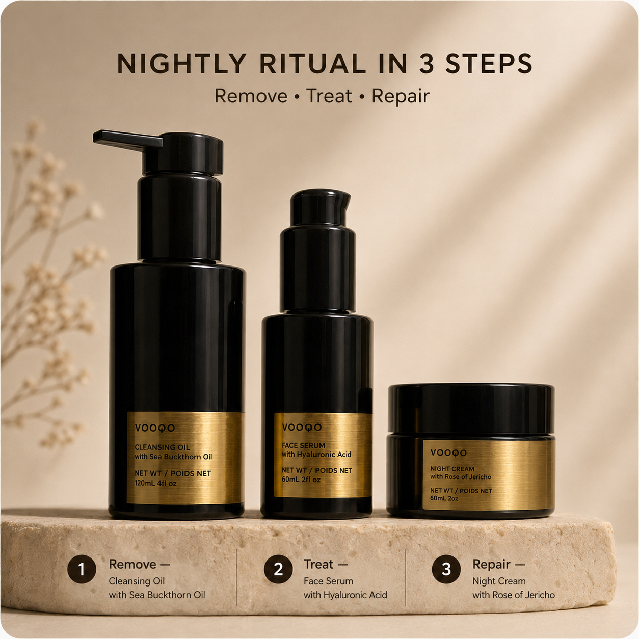 How to use Vooqo Overnight Renewal Ritual with Cleansing Oil, Face Serum, and Night Cream before bed.