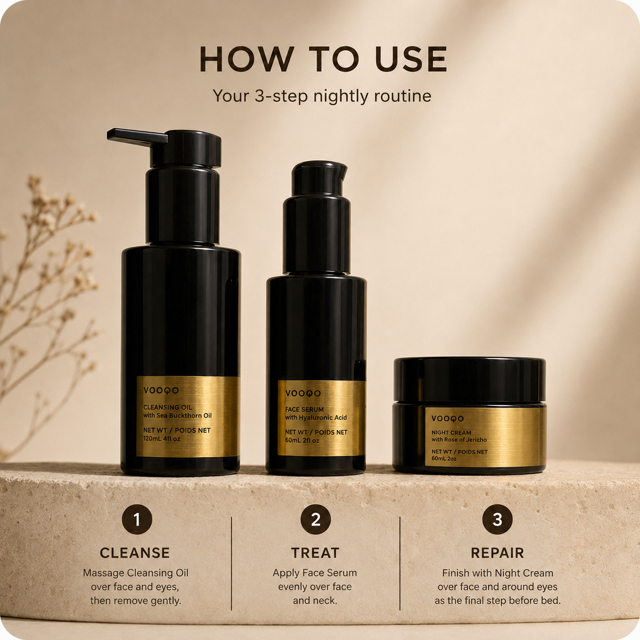 Why it works image for Vooqo Overnight Renewal Ritual explaining cleansing, smoothing hydration, and overnight repair benefits.