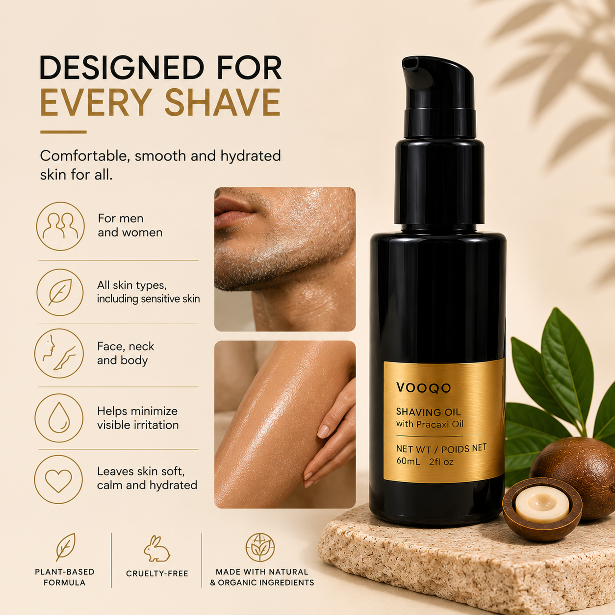 Vooqo Shaving Oil with Pracaxi Oil suitable for men and women, all skin types, and shaving the face, legs, underarms and body.
