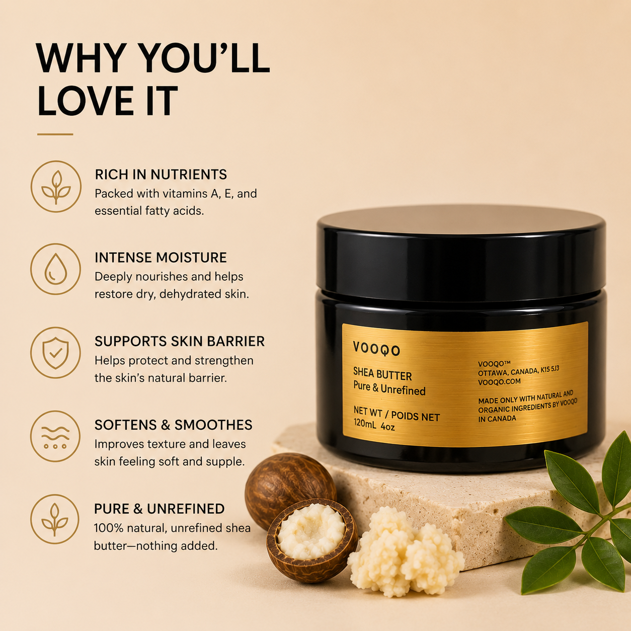 Benefits of Vooqo Shea Butter including deep nourishment, intense moisture, skin barrier support and naturally soft skin.
