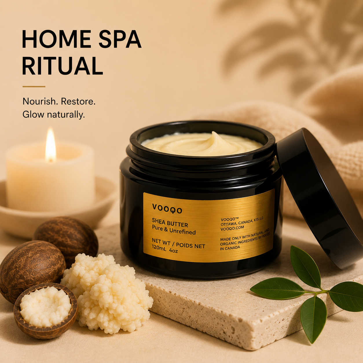 Vooqo Shea Butter featured in a luxurious home spa ritual for deep nourishment and healthy glowing skin.