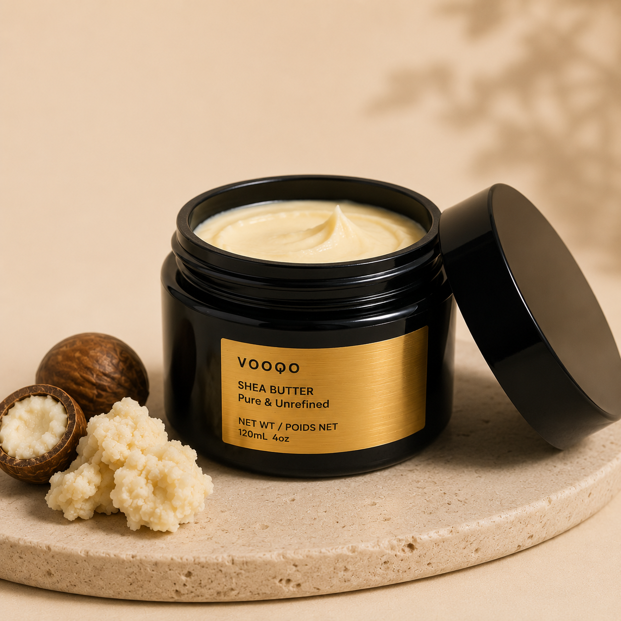 Open jar of Vooqo Shea Butter Pure & Unrefined showing its rich, creamy natural texture.